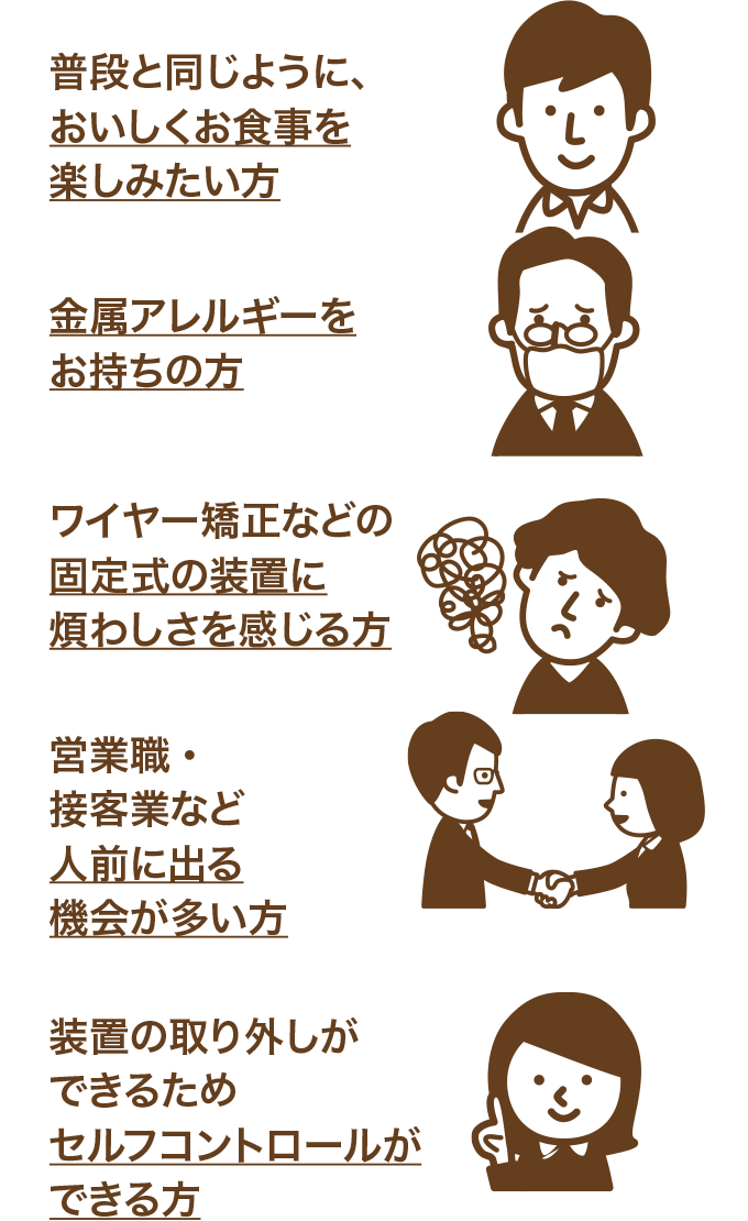 普段と同じように、おいしくお食事を楽しみたい方、金属アレルギーをお持ちの方、ワイヤー矯正などの固定式の装置に煩わしさを感じる方、営業職・接客業など人前に出る機会が多い方、装置の取り外しができるためセルフコントロールができる方