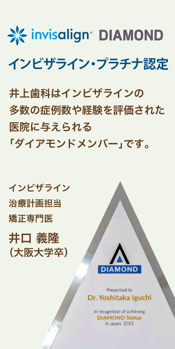 インビザライン・プラチナ認定。井上歯科はインビザラインの多数の症例数や経験を評価された医院に与えられる「プラチナメンバー」に認定されています。インビザライン治療計画担当矯正専門医　井口 義隆（大阪大学卒）